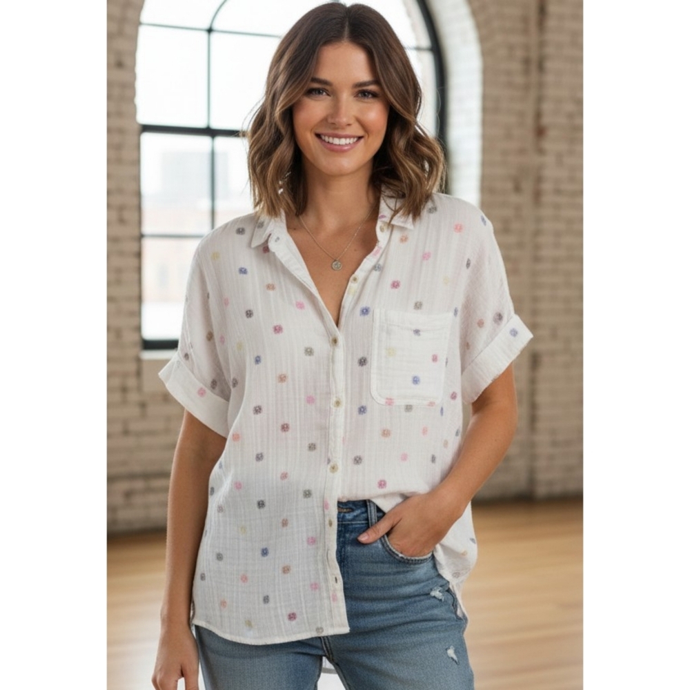 Sonoma Shprt Sleeve Button Down Shirt  Sun Print White Size 0X (14W)